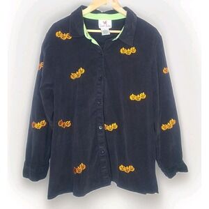 Vtg Quacker Factory 1x Black Embroidered Pumpkin Halloween Shirt Corduroy
